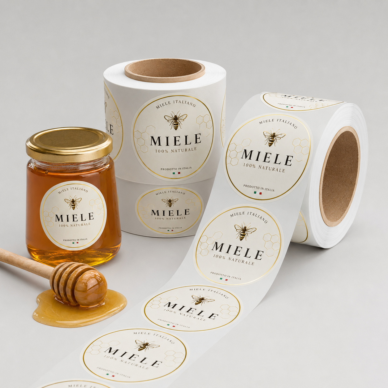 etichette adesive personalizzate online in bobina, miele e vino e olio o a fogli