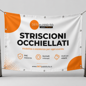Striscione occhiellato personalizzabile in PVC resistente, con occhielli rinforzati, ideale per esterni e eventi. Stampa online.