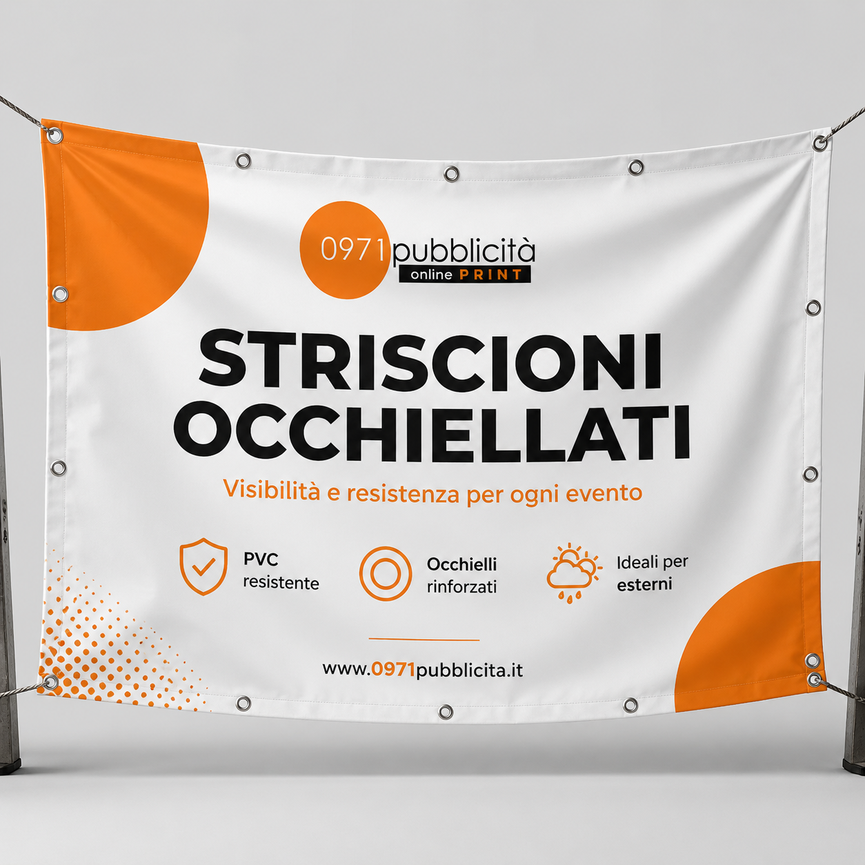 Striscione occhiellato personalizzabile in PVC resistente, con occhielli rinforzati, ideale per esterni e eventi. Stampa online.