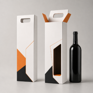 Scatole personalizzate per bottiglie di vino con design moderno, maniglia e finestra. Ideali per packaging promozionale e stampa online.