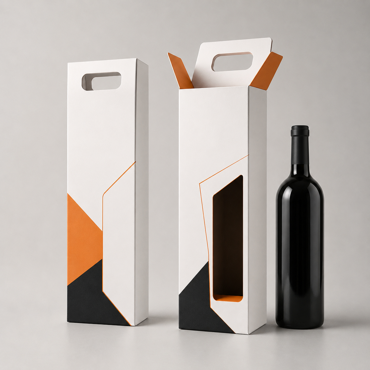 Scatole personalizzate per bottiglie di vino con design moderno, maniglia e finestra. Ideali per packaging promozionale e stampa online.