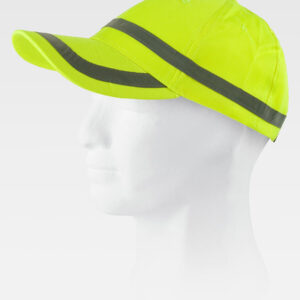Cappellino giallo fluo ad alta visibilità con strisce riflettenti, personalizzabile per lavoro e sicurezza.