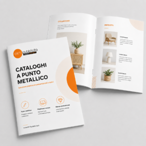 Due cataloghi aperti e chiusi con rilegatura a punto metallico, pronti per la stampa personalizzata di presentazioni e listini.