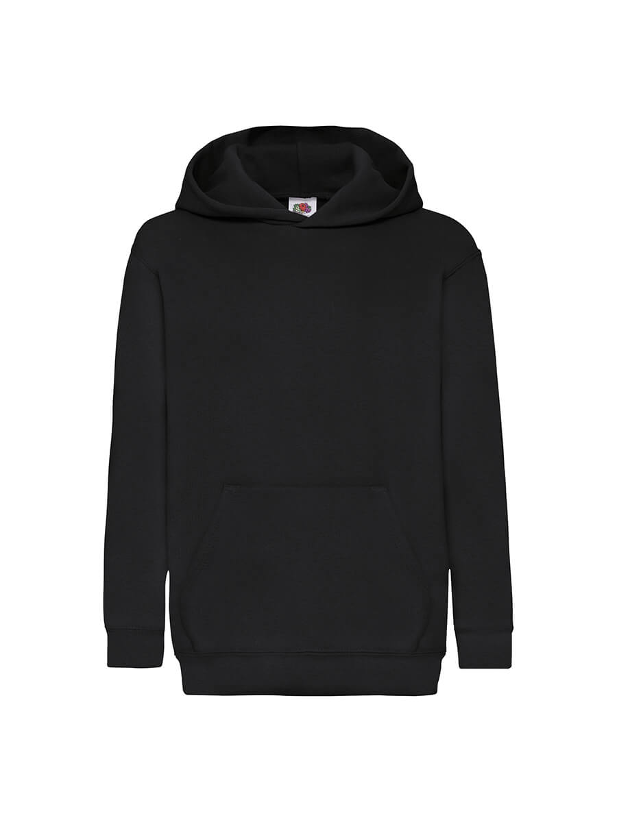 Felpa con cappuccio nera, ideale per stampa personalizzata con logo o grafica aziendale. Abbigliamento promozionale.