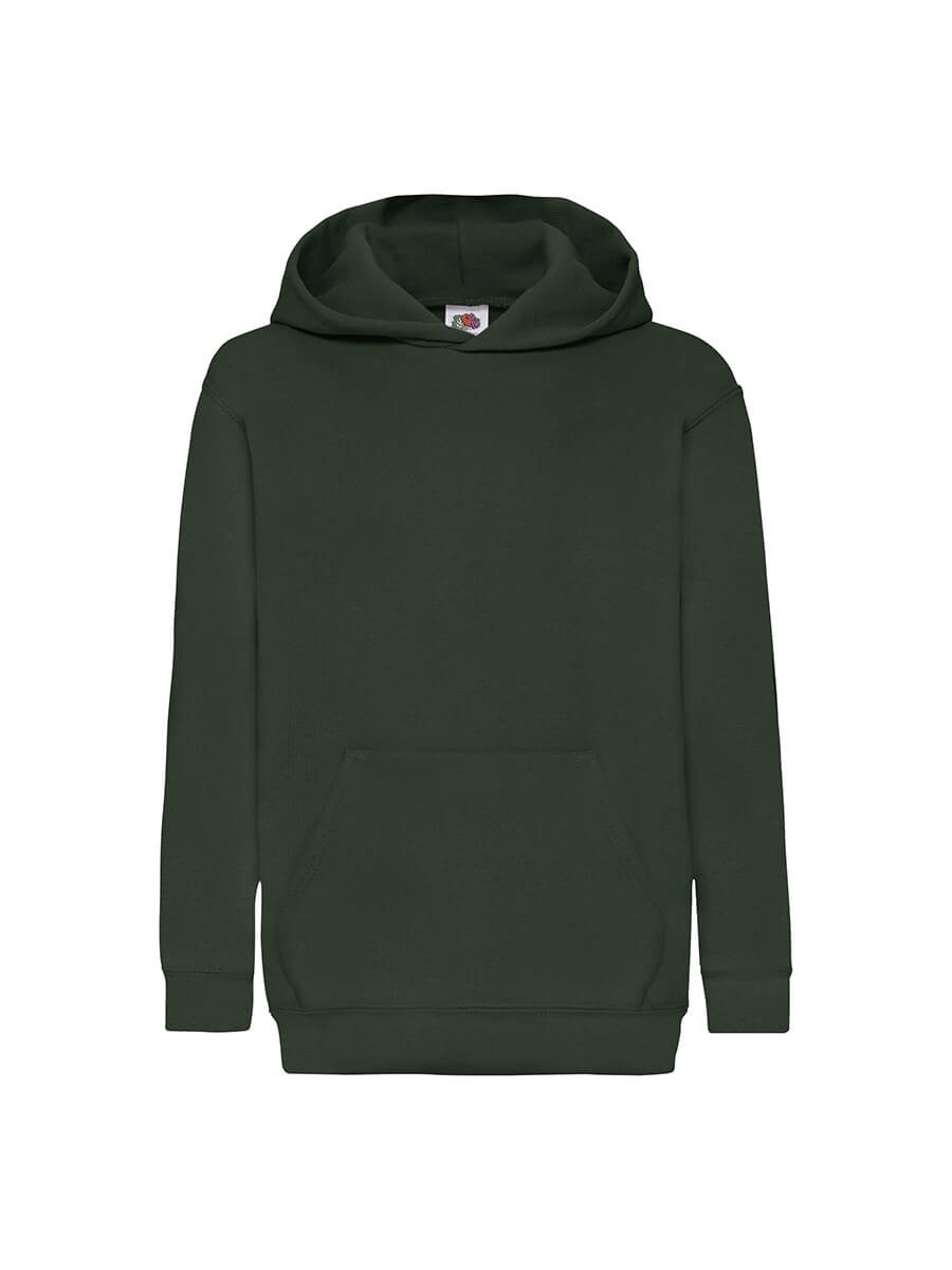 Felpa con cappuccio verde scuro, ideale per stampa personalizzata con logo o grafica aziendale. Abbigliamento promozionale.