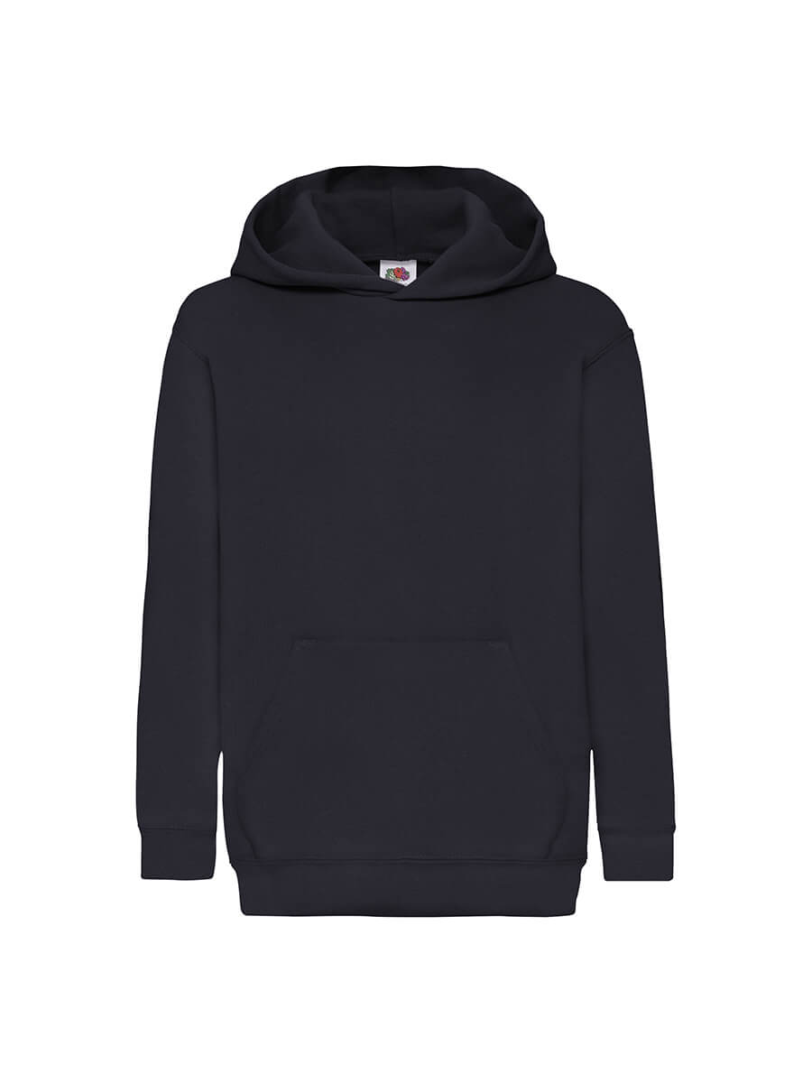 Felpa con cappuccio blu scuro neutra, ideale per stampa personalizzata con logo o grafica aziendale. Perfetta per abbigliamento promozionale.