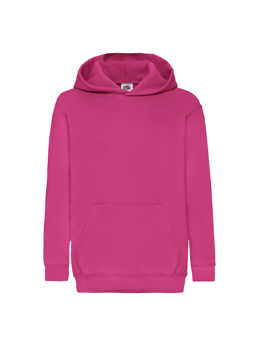 Felpa fucsia con cappuccio, ideale per stampa personalizzata con logo o grafica aziendale. Abbigliamento promozionale di alta qualità.