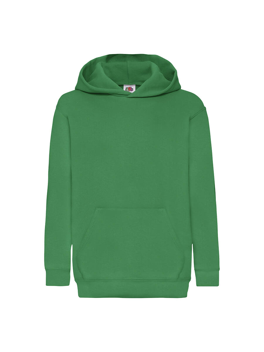 Felpa con cappuccio verde, ideale per stampa personalizzata con logo o grafica aziendale. Abbigliamento promozionale di qualità.
