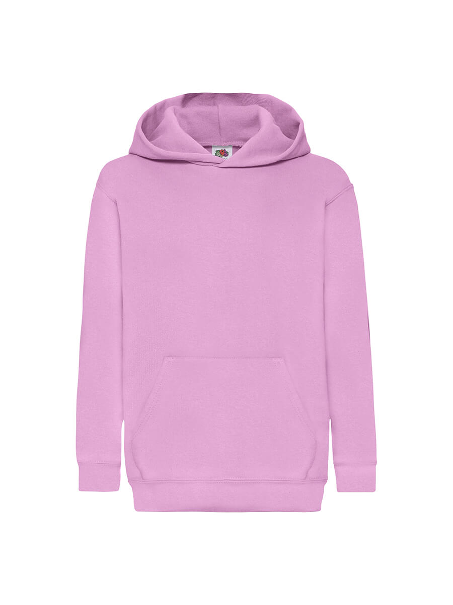Felpa rosa con cappuccio, ideale per stampa personalizzata con logo o grafica. Abbigliamento promozionale e merchandising per aziende.