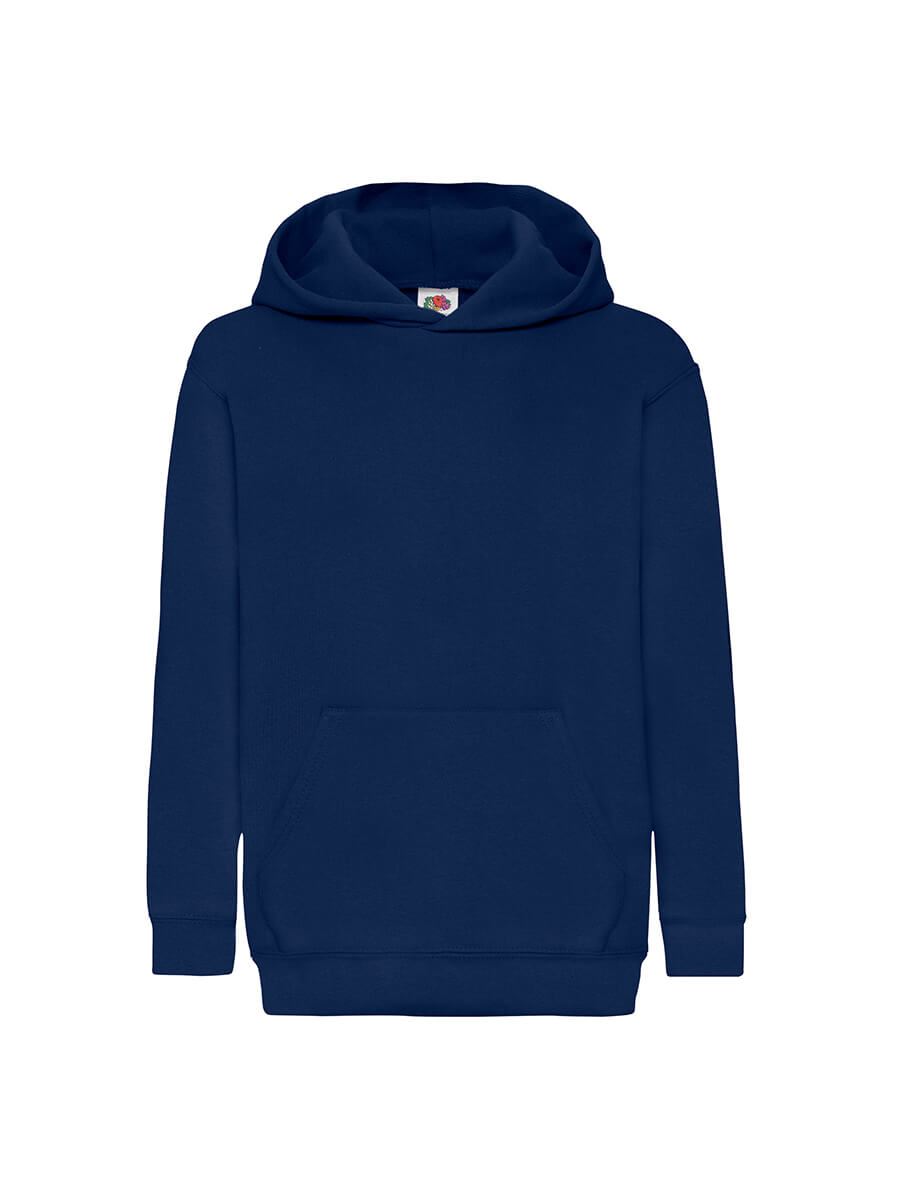 Felpa blu con cappuccio, ideale per stampa personalizzata con logo o grafica aziendale. Abbigliamento promozionale di qualità.