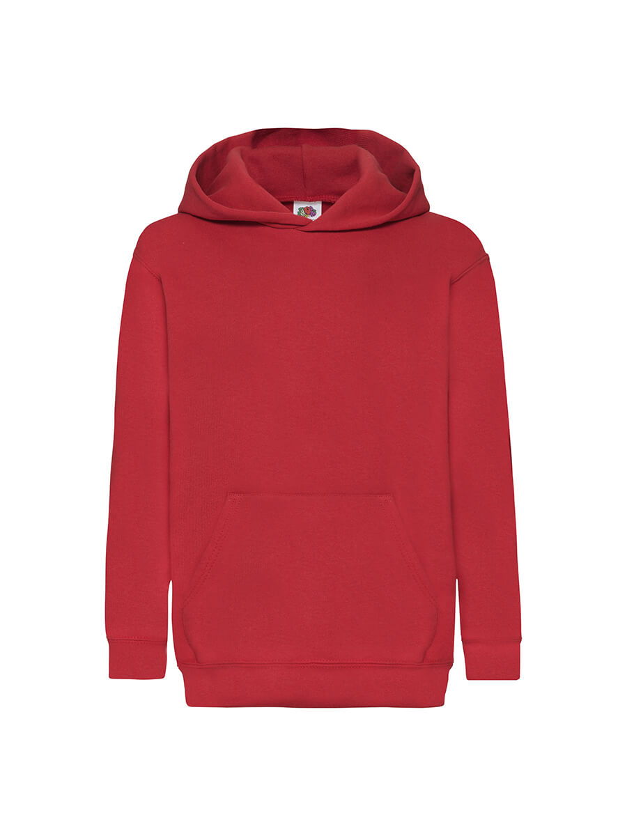 Felpa rossa con cappuccio, ideale per stampa personalizzata con logo o grafica aziendale. Abbigliamento promozionale online.