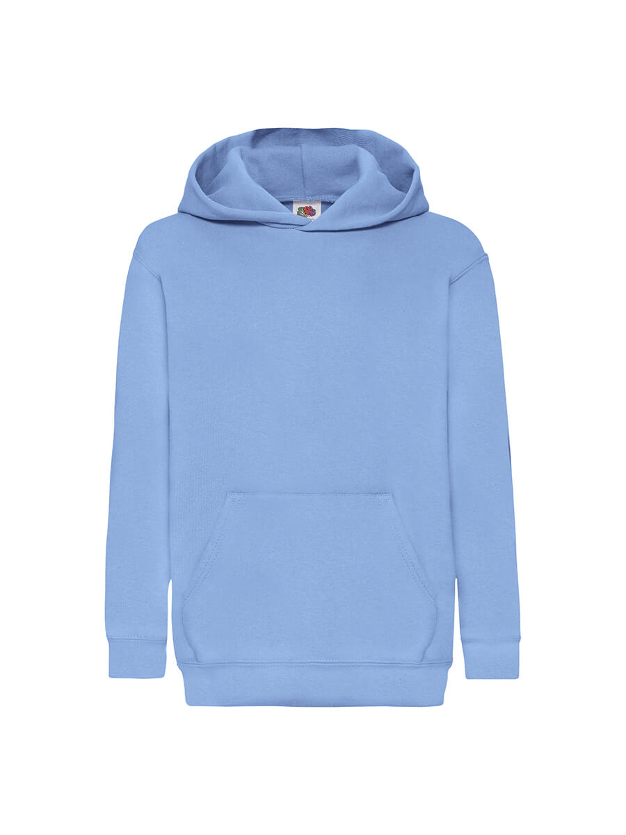 Felpa con cappuccio per bambino, colore azzurro cielo, con tasca a marsupio e maniche lunghe. Ideale per stampa personalizzata.