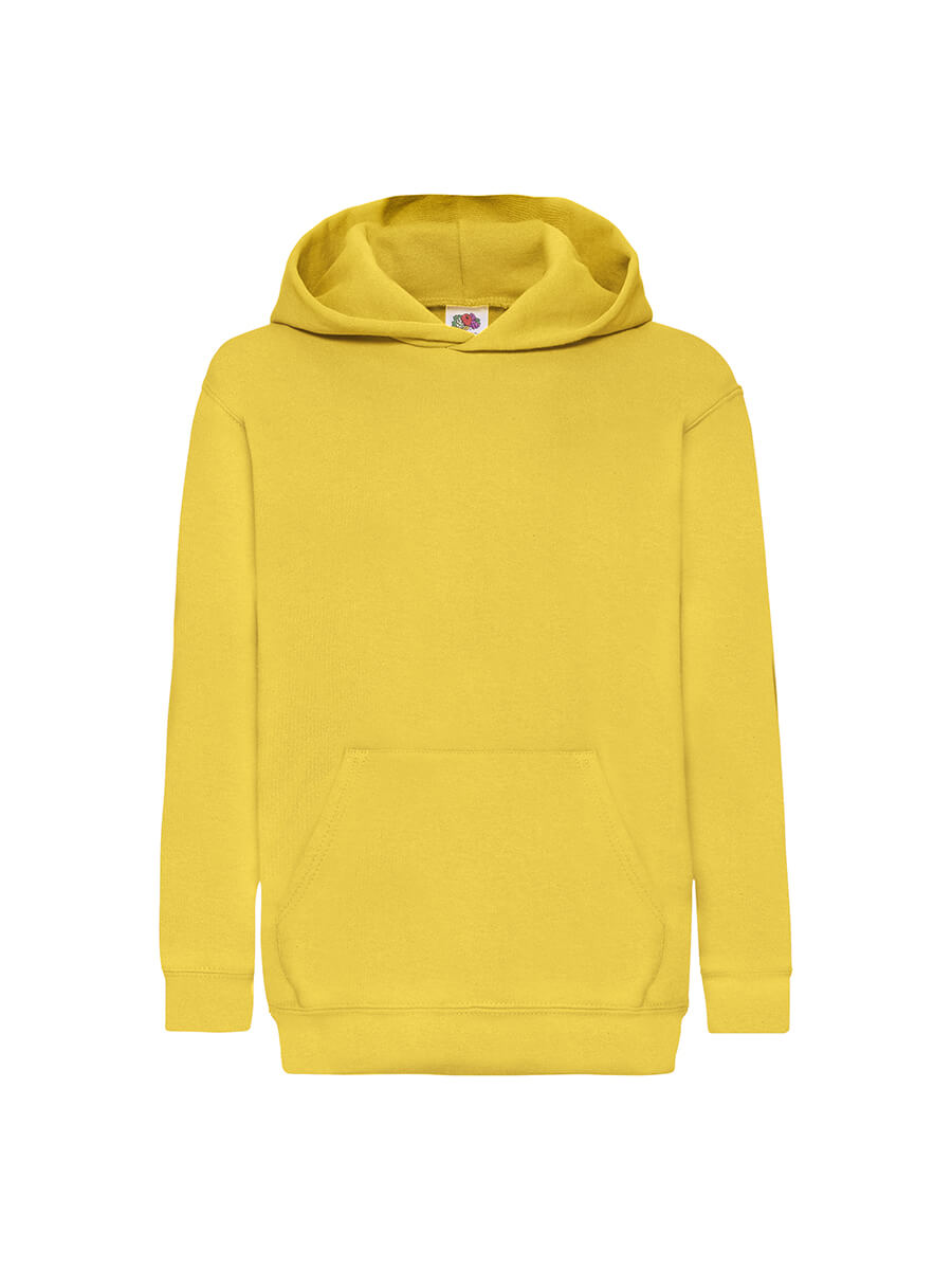 Felpa gialla con cappuccio, ideale per stampa logo o grafica personalizzata. Perfetta per abbigliamento promozionale e merchandising.