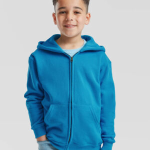 Bambino sorridente con felpa blu personalizzabile con zip, ideale per stampa logo aziendale o grafica promozionale.