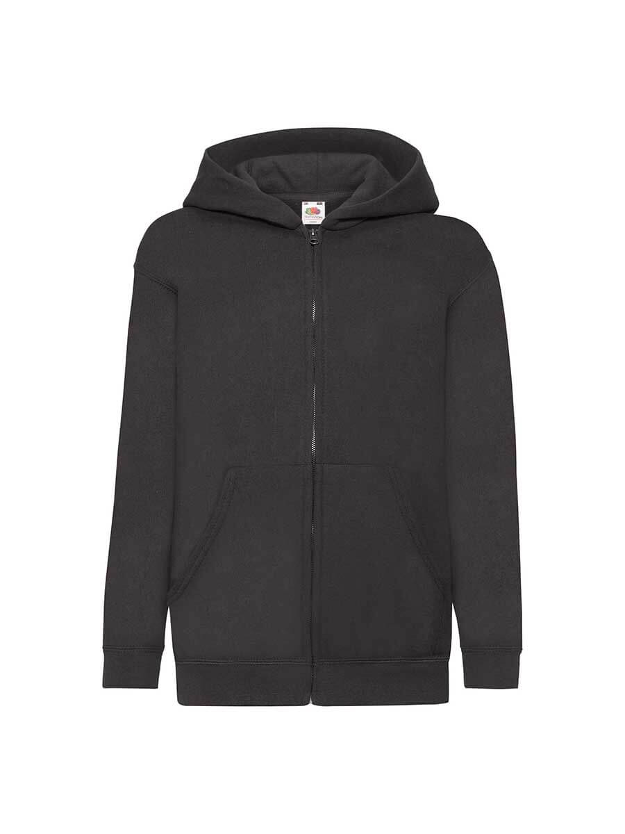 Felpa con cappuccio nera, ideale per stampa logo aziendale o grafica personalizzata. Abbigliamento promozionale di qualità.