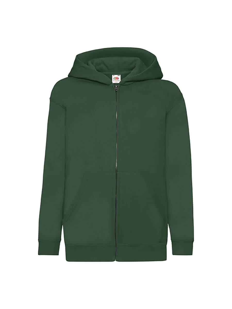 Felpa con zip verde scuro, ideale per stampa logo o grafica personalizzata. Abbigliamento promozionale e merchandising per aziende.