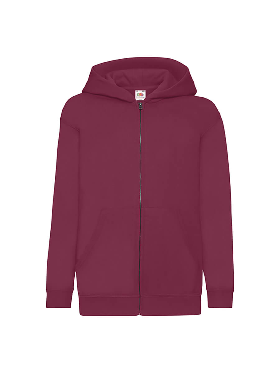 Felpa con cappuccio bordeaux zip intera, ideale per stampa logo aziendale o grafica personalizzata. Abbigliamento promozionale di qualità per la tua attività.
