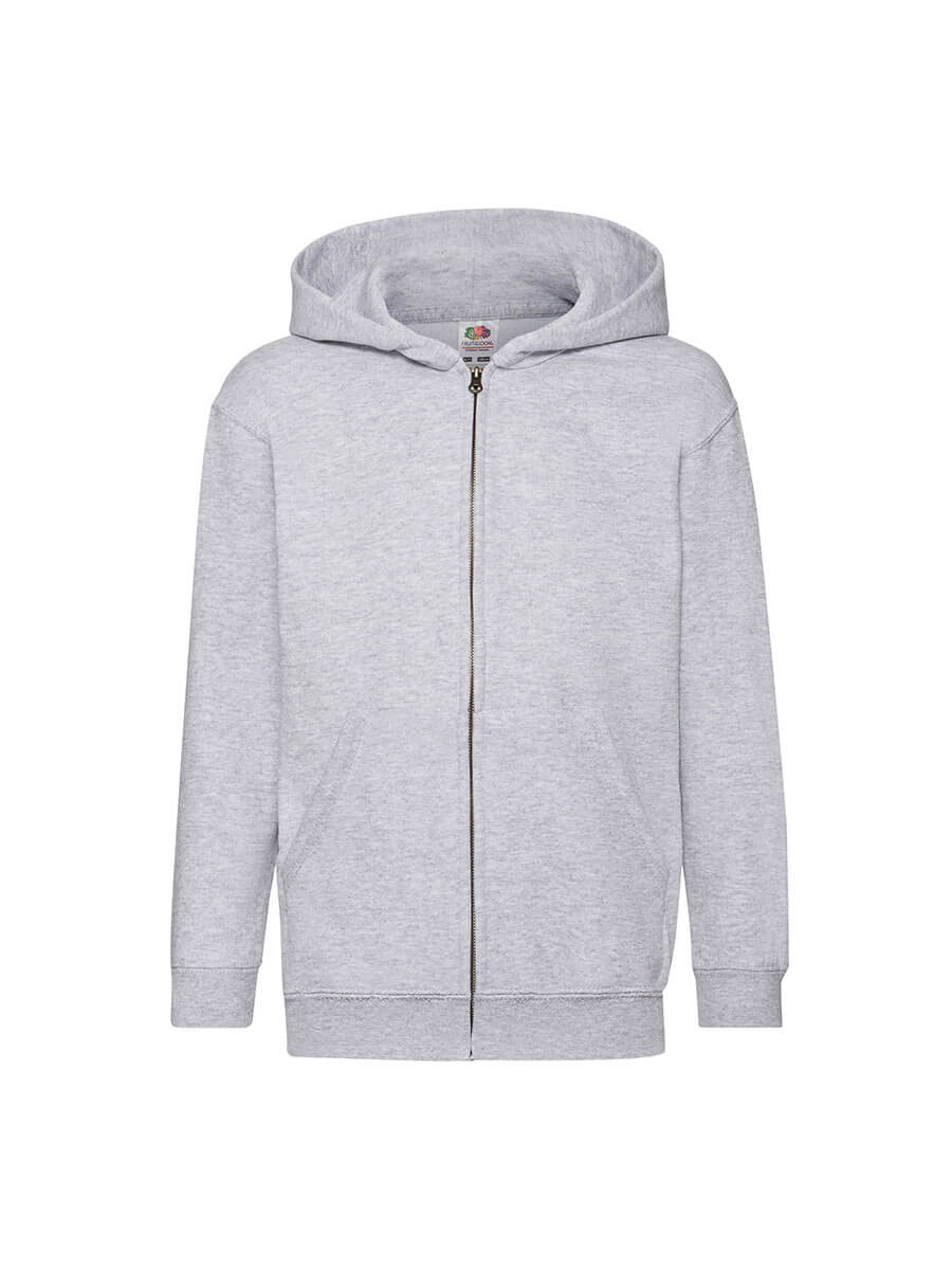 Felpa grigia con cappuccio e zip, ideale per stampa personalizzata con logo o grafica aziendale. Abbigliamento promozionale.