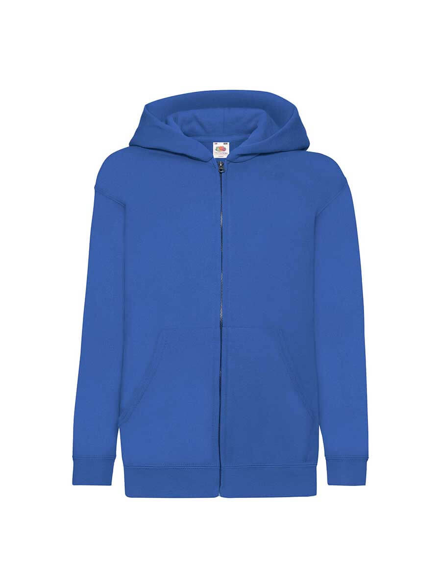 Felpa con cappuccio blu con zip, ideale per stampa logo o grafica personalizzata. Abbigliamento promozionale e merchandising.