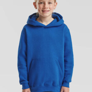 Felpa blu con cappuccio per bambino, ideale per stampa personalizzata con logo o grafica. Abbigliamento promozionale e gadget personalizzabili.