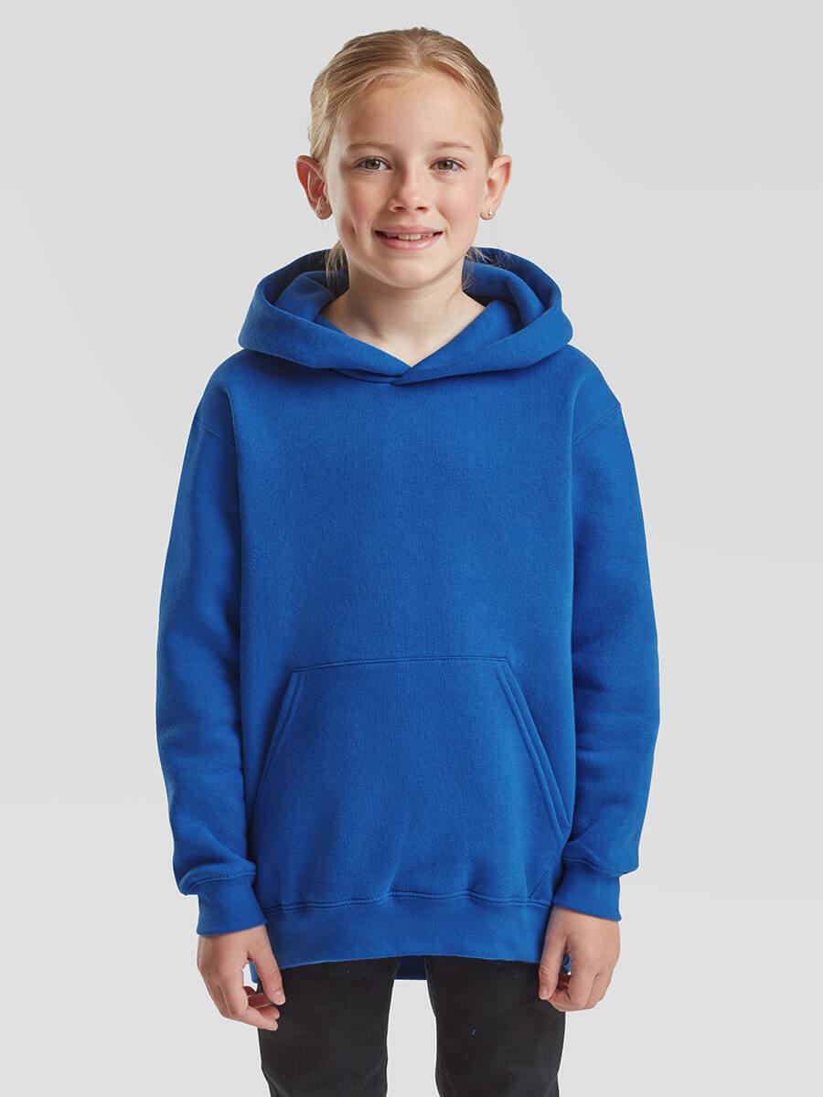 Felpa blu con cappuccio per bambino, ideale per stampa personalizzata con logo o grafica. Abbigliamento promozionale e gadget personalizzabili.