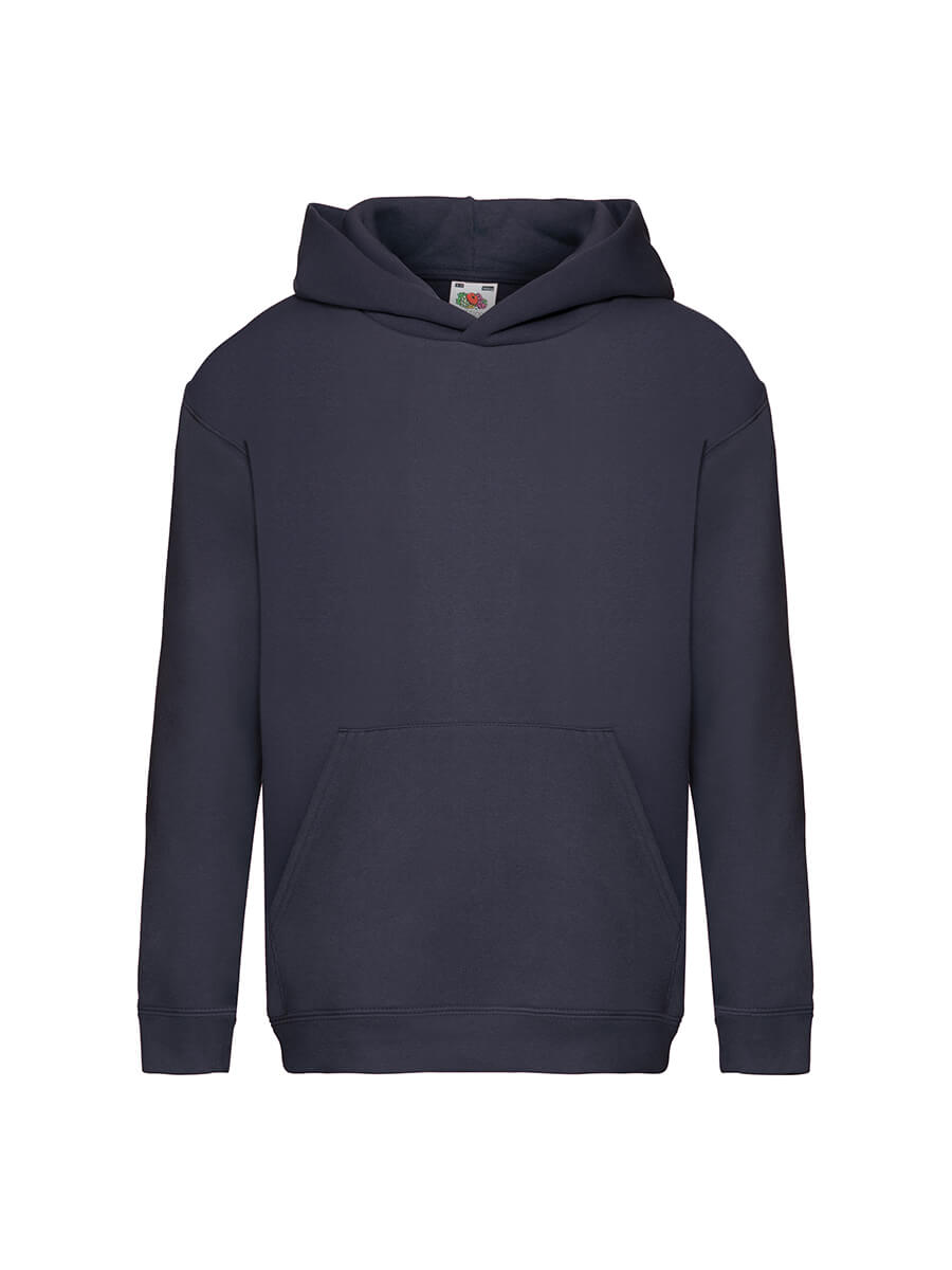 Felpa con cappuccio blu scuro, ideale per stampa logo o grafica personalizzata. Perfetta per abbigliamento promozionale e merchandising.