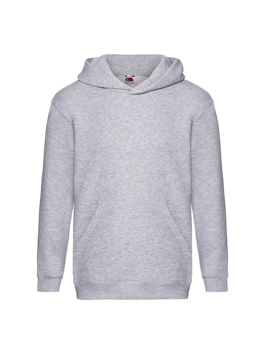 Felpa grigia con cappuccio, ideale per stampa personalizzata con logo o grafica aziendale. Abbigliamento promozionale di qualità.