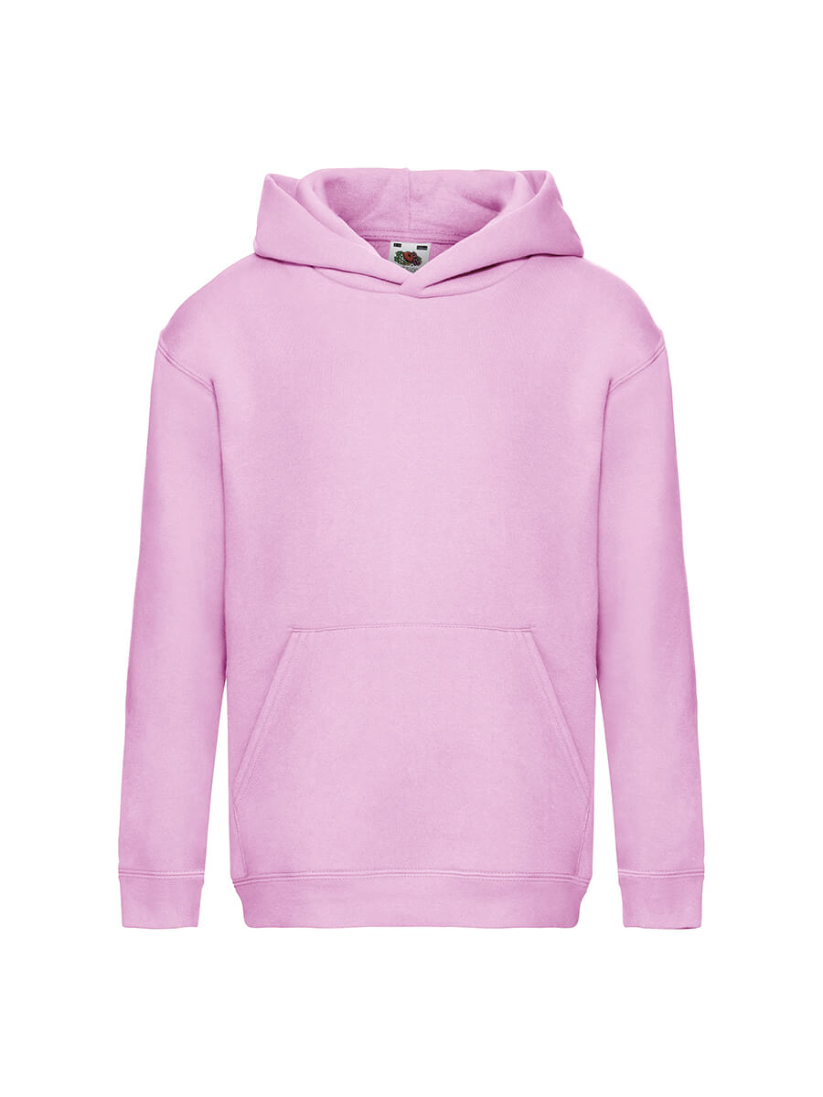 Felpa con cappuccio rosa per bambini, ideale per stampa personalizzata con logo o grafica. Perfetta per abbigliamento promozionale e merchandising.