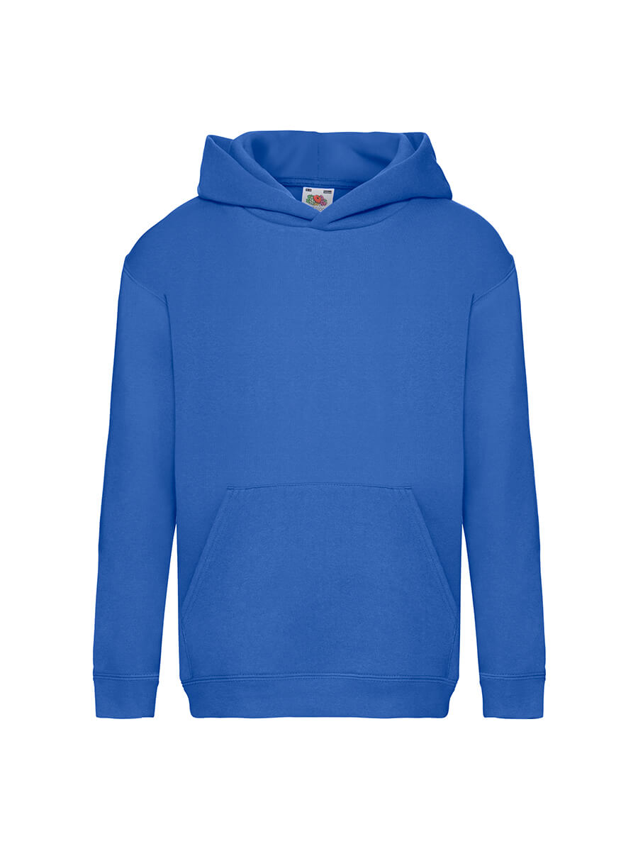 Felpa blu con cappuccio, ideale per stampa personalizzata con logo o grafica aziendale. Abbigliamento promozionale.
