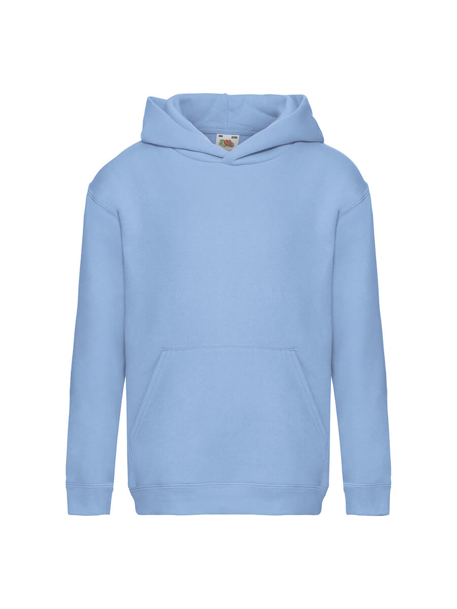 Felpa con cappuccio azzurra chiara, modello unisex per bambini e ragazzi, con tasca a marsupio. Perfetta per stampa personalizzata e merchandising.