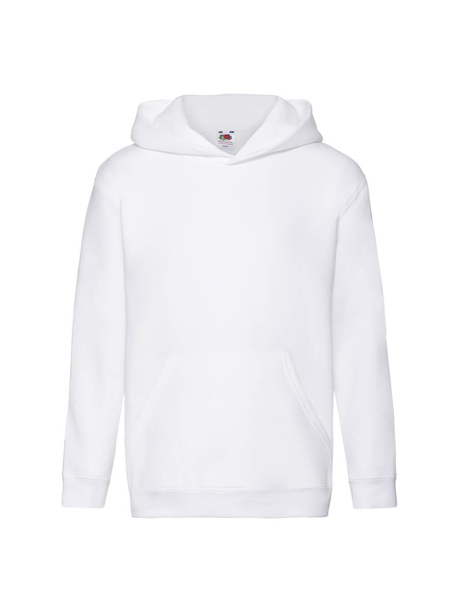 Felpa bianca con cappuccio, ideale per stampa logo o grafica personalizzata. Abbigliamento promozionale e merchandising.