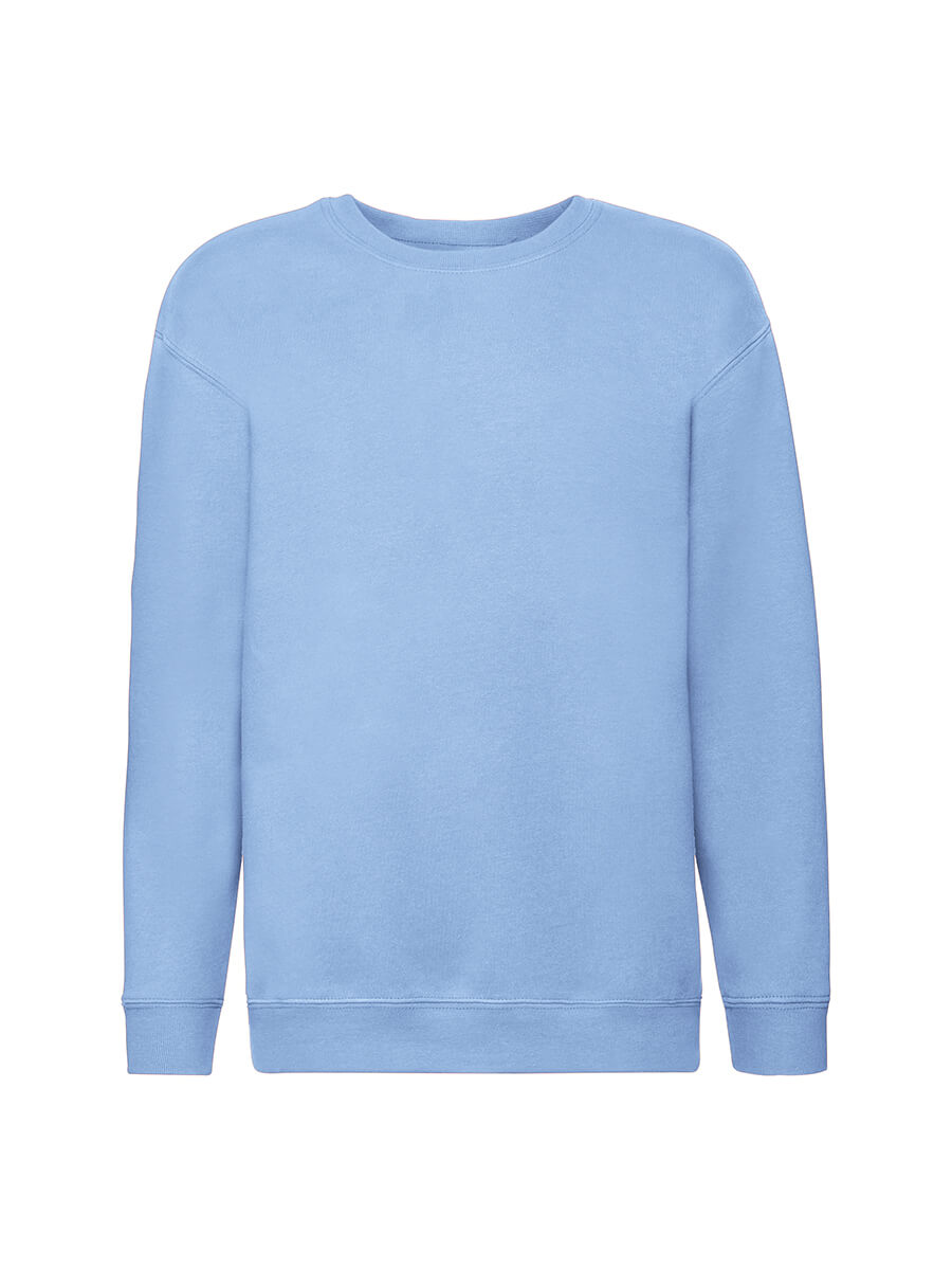 Felpa girocollo azzurra, ideale per stampa personalizzata con logo o grafica aziendale. Abbigliamento promozionale di qualità.