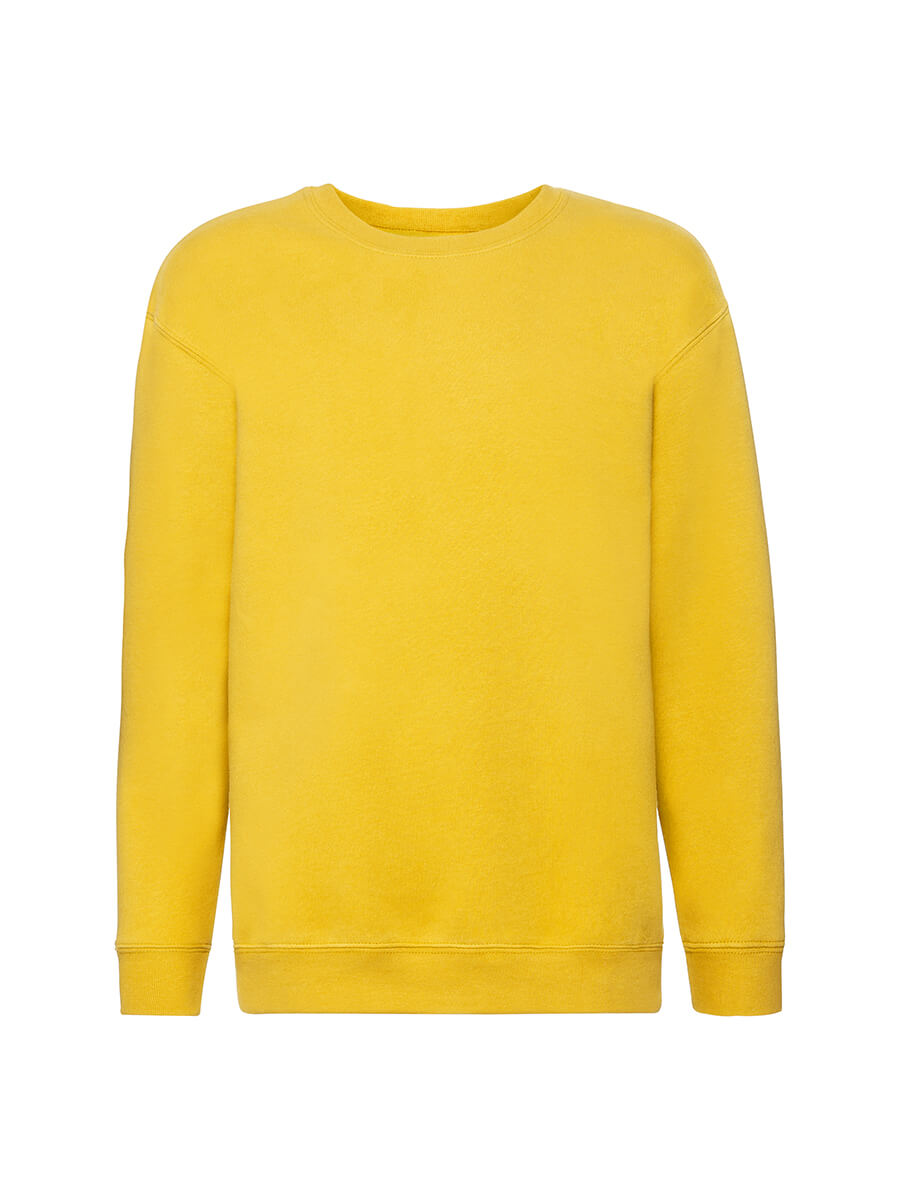 Felpa girocollo gialla, ideale per stampa logo aziendale o grafica personalizzata. Abbigliamento promozionale e merchandising.