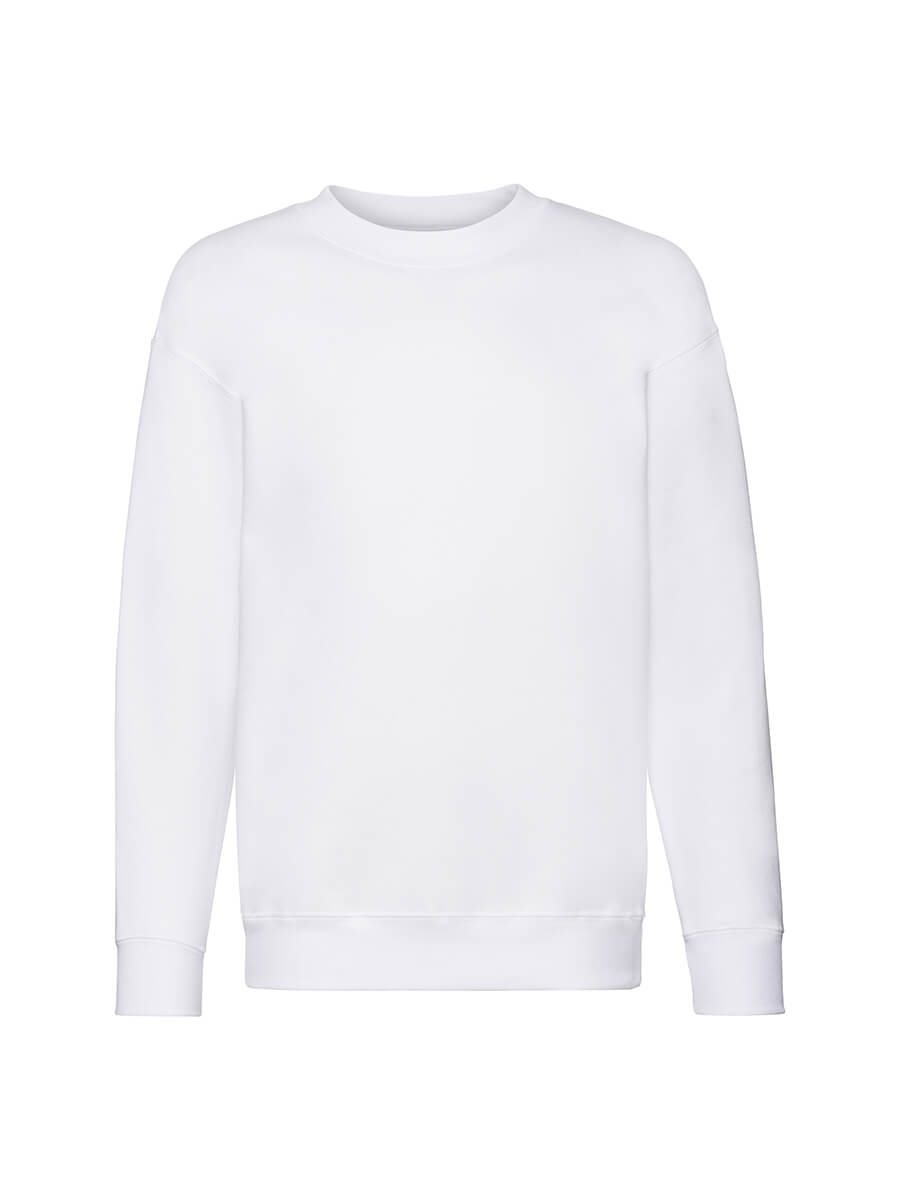 Felpa girocollo bianca, ideale per stampa logo o grafica personalizzata. Perfetta per abbigliamento promozionale e merchandising. Acquista online.