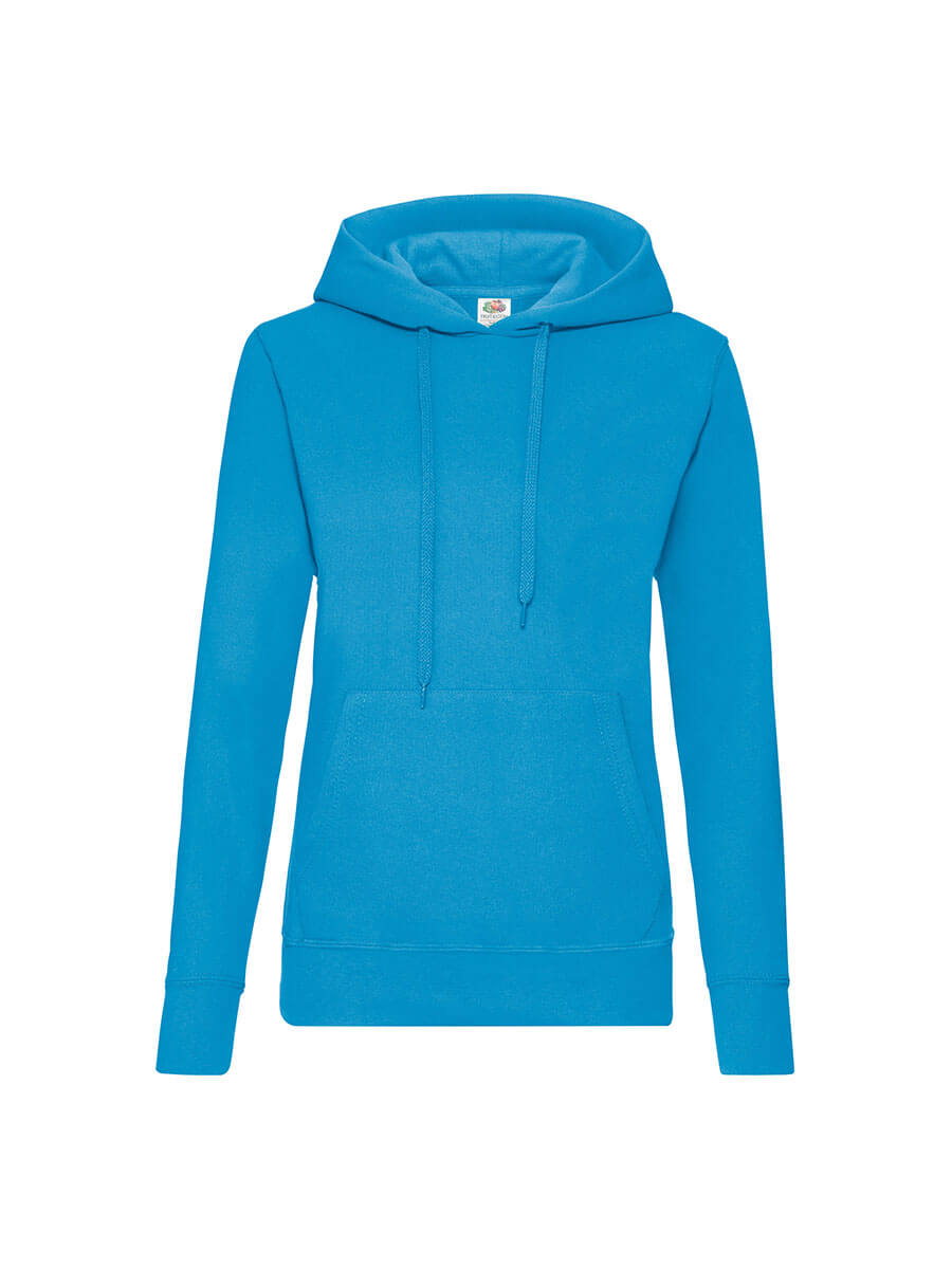 Felpa con cappuccio azzurra, ideale per stampa logo o grafica personalizzata. Abbigliamento promozionale e merchandising.