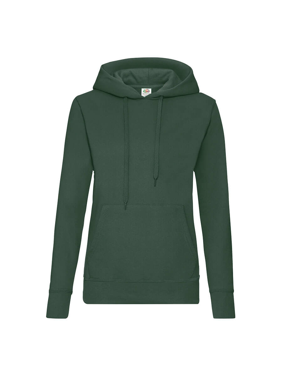 Felpa con cappuccio verde scuro, ideale per stampa personalizzata con logo o grafica aziendale. Abbigliamento promozionale di alta qualità per la tua comunicazione visiva.
