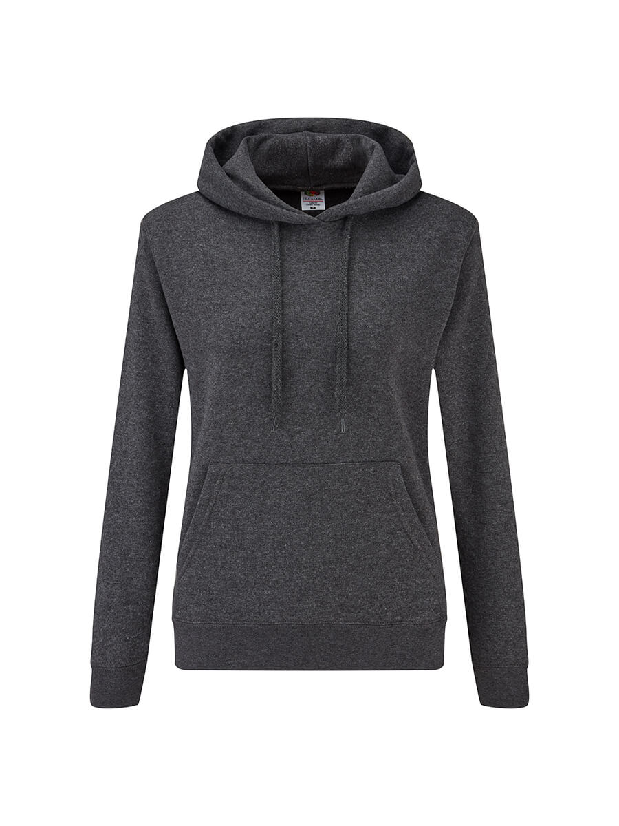 Felpa con cappuccio grigio scuro, ideale per stampa personalizzata con logo o grafica aziendale. Abbigliamento promozionale di qualità.
