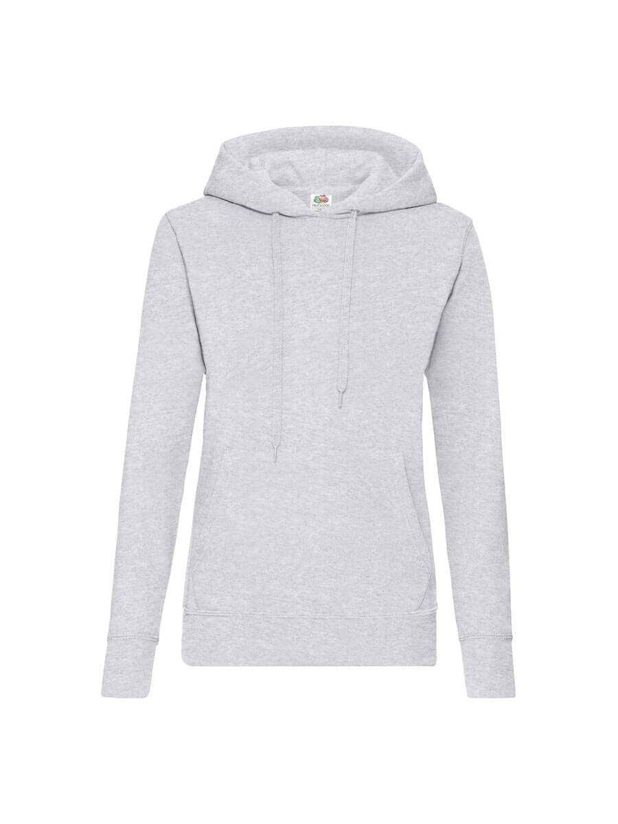 Felpa grigia con cappuccio, ideale per stampa personalizzata con logo o grafica. Abbigliamento promozionale e merchandising per aziende.