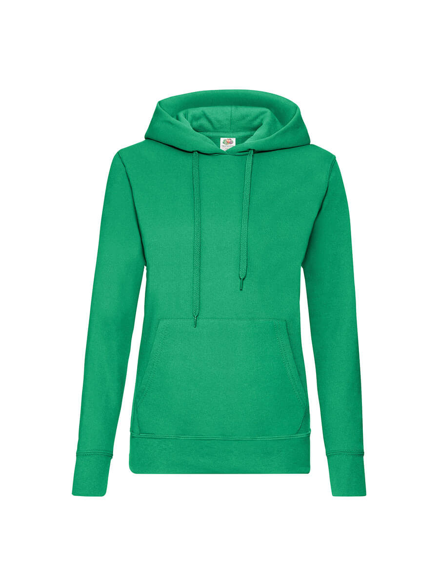 Felpa con cappuccio verde personalizzabile, ideale per stampa logo aziendale o grafica promozionale. Abbigliamento promozionale online.