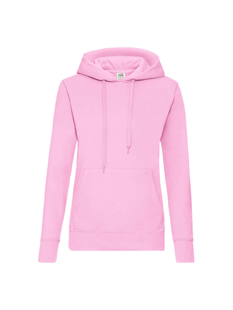 Felpa rosa con cappuccio, ideale per stampa personalizzata con logo o grafica. Abbigliamento promozionale e merchandising.