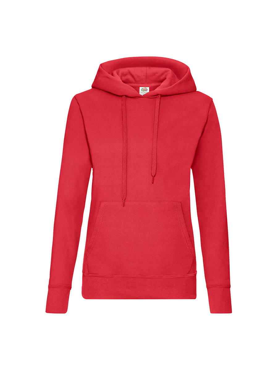 Felpa rossa con cappuccio, ideale per stampa personalizzata con logo o grafica aziendale. Abbigliamento promozionale di qualità.
