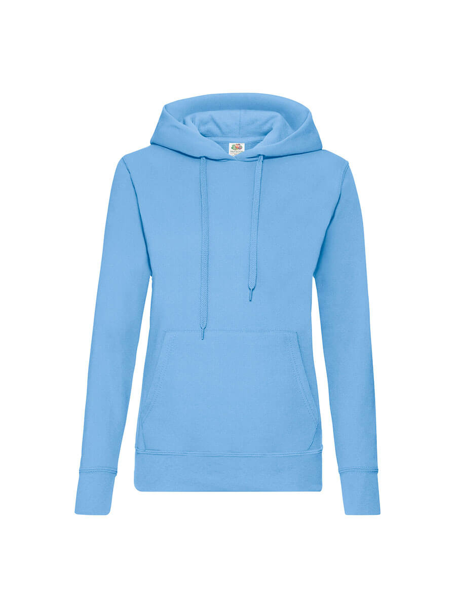 Felpa con cappuccio azzurra, ideale per stampa personalizzata con logo o grafica aziendale. Abbigliamento promozionale di qualità.