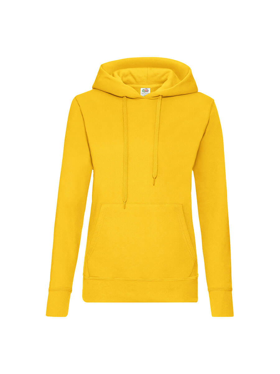 Felpa con cappuccio gialla, ideale per stampa personalizzata con logo o grafica aziendale. Abbigliamento promozionale e merchandising.