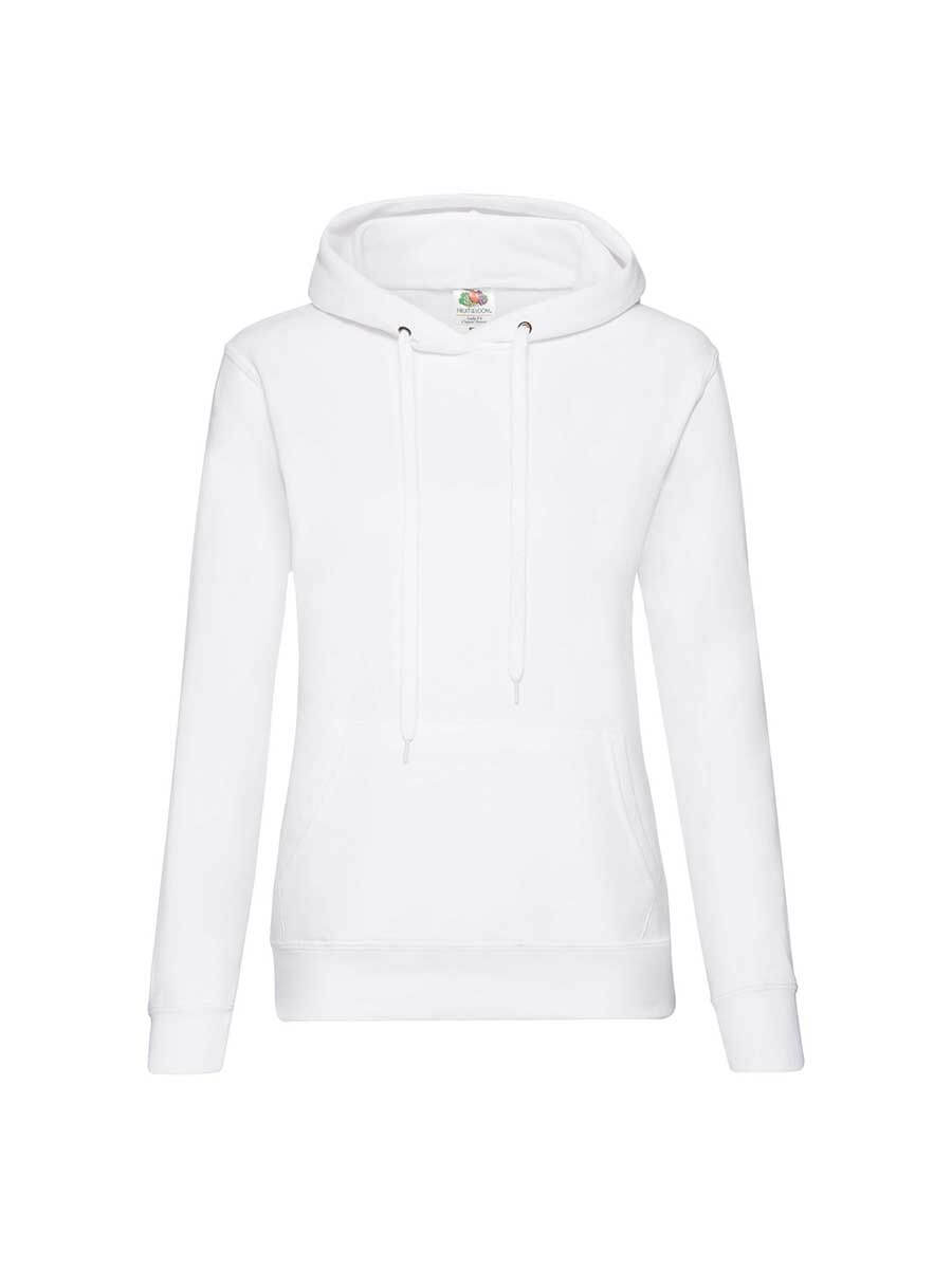 Felpa bianca con cappuccio, ideale per stampa personalizzata con logo o grafica aziendale. Abbigliamento promozionale online.