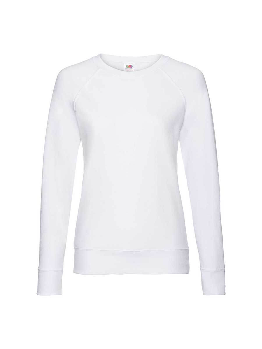 Felpa bianca girocollo con maniche raglan, ideale per stampa personalizzata con logo o grafica per aziende e promozioni.