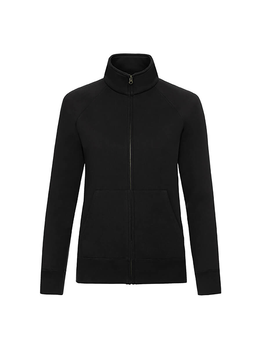 Felpa nera full zip con collo alto e tasche, personalizzabile con stampa o ricamo per il tuo brand, eventi o abbigliamento aziendale.