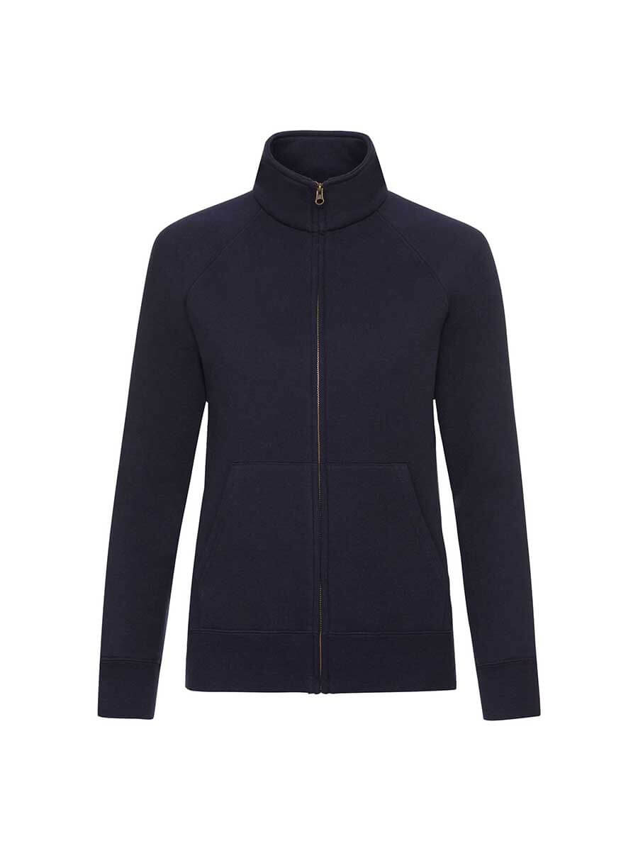 Felpa blu navy con zip, colletto alto e tasche, ideale per stampa personalizzata con logo aziendale o grafica promozionale.