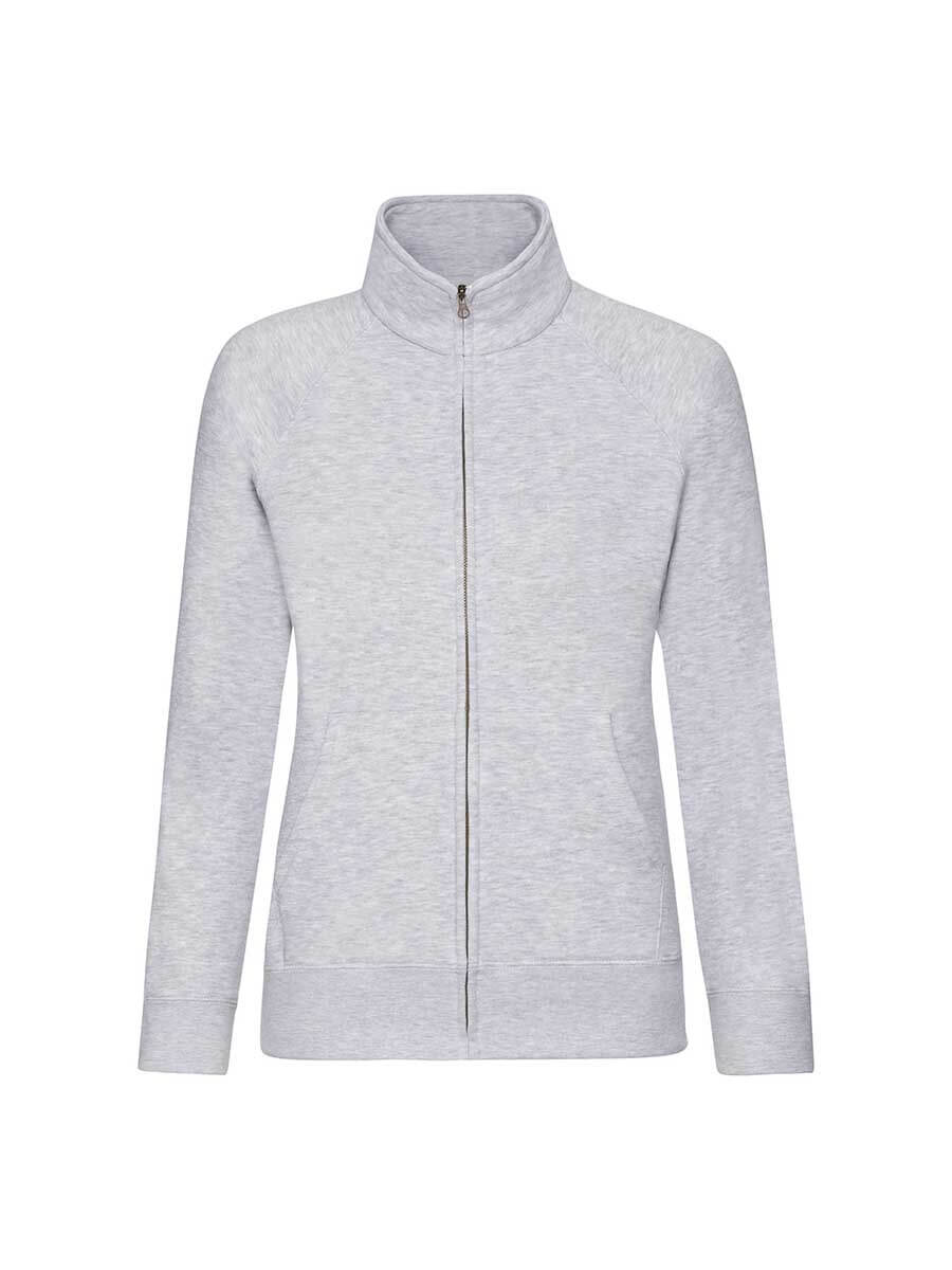 Felpa grigia con zip alta, ideale per stampa logo aziendale o grafica promozionale. Abbigliamento personalizzato per eventi e merchandising.
