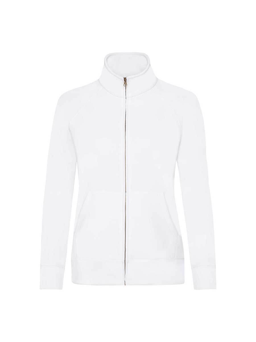 Felpa bianca con zip, collo alto, maniche lunghe e tasche, ideale per stampa personalizzata con logo o grafica aziendale. Abbigliamento promozionale e merchandising.
