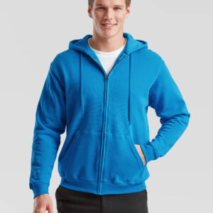Felpa con cappuccio blu personalizzabile, ideale per abbigliamento promozionale e merchandising aziendale. Stampa il tuo logo.